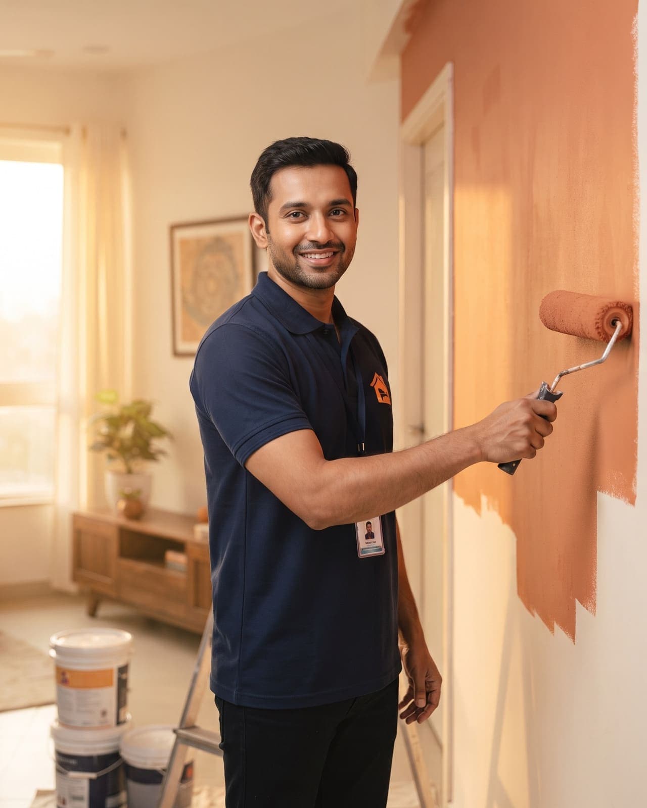A polite, uniformed Local Urban painter rolling a fresh terracotta accent wall in a bright living room